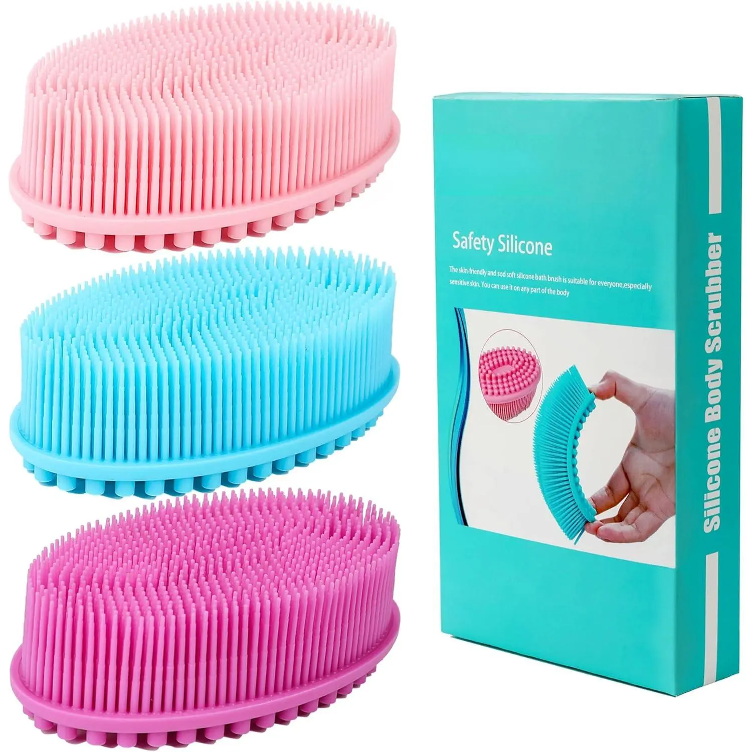 3-Pack Silicone Body Scrubber Loofah Brushes - Soft Exfoliating Dual-Side Bristle Hand Scrubbers (4.8x2.8 in) for Sensitive Skin Adults, Beauty & Personal Care Body Care Bathing Accessories for Cleaning