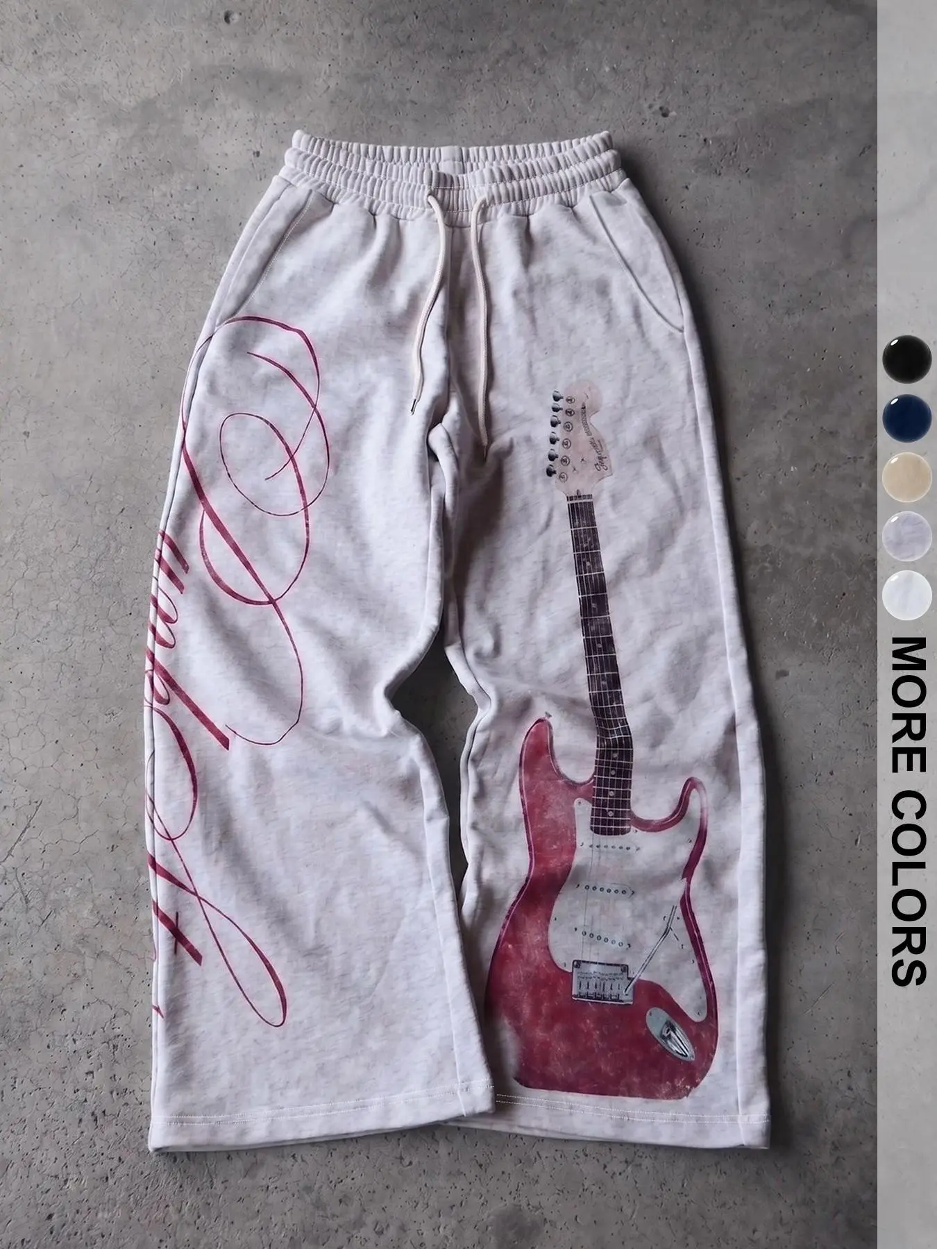2026 Hit Niche Rock Print Men's Loose Jogger Pants, Solid Black Oversized Wide-Leg Sweatpants with Adjustable Drawstring Elastic Waistband, Vintage Distressed Pink Electric Guitar & Cursive Letter Printed Sports Trousers Available in Multiple Colors, 90s