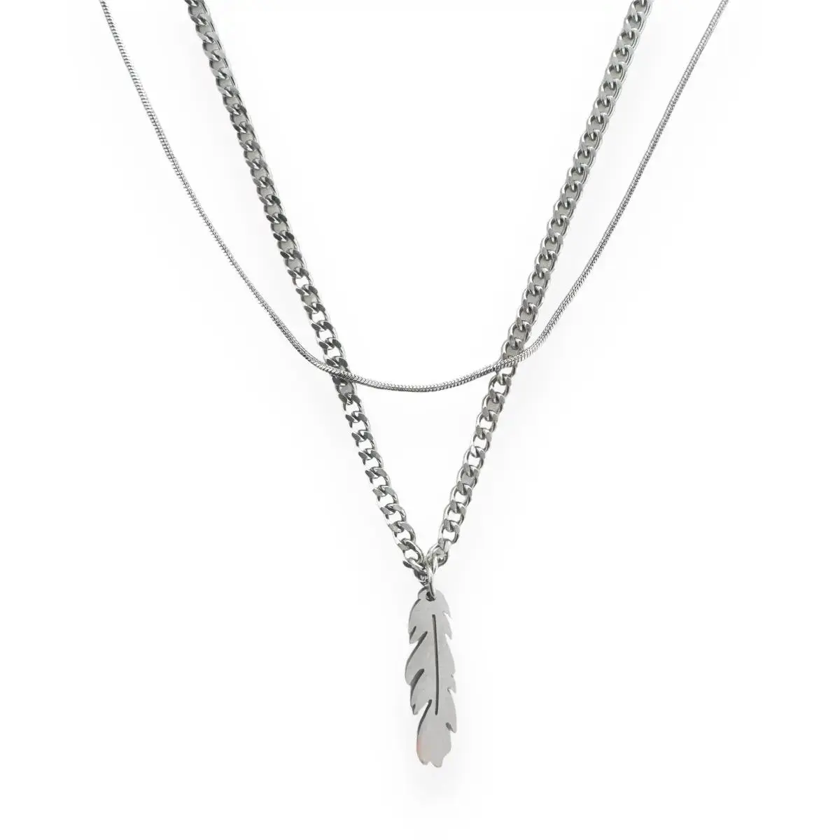 Hip-Hop Style Chain Necklace with Delicate Feather Shape Pendant, Unisex Double-Layered Design for Streetwear, 18 in Adjustable with 1.9 in Extension, Adjustable Chain Jewelry, Chain Necklaces