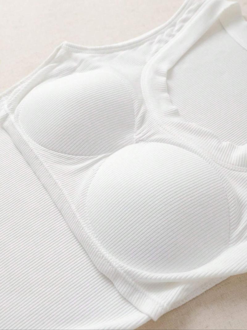 Women's Solid Ribbed Tank Top with Chest Pad, Casual Sleeveless Top for Daily Wear, Ladies Clothes for All Seasons