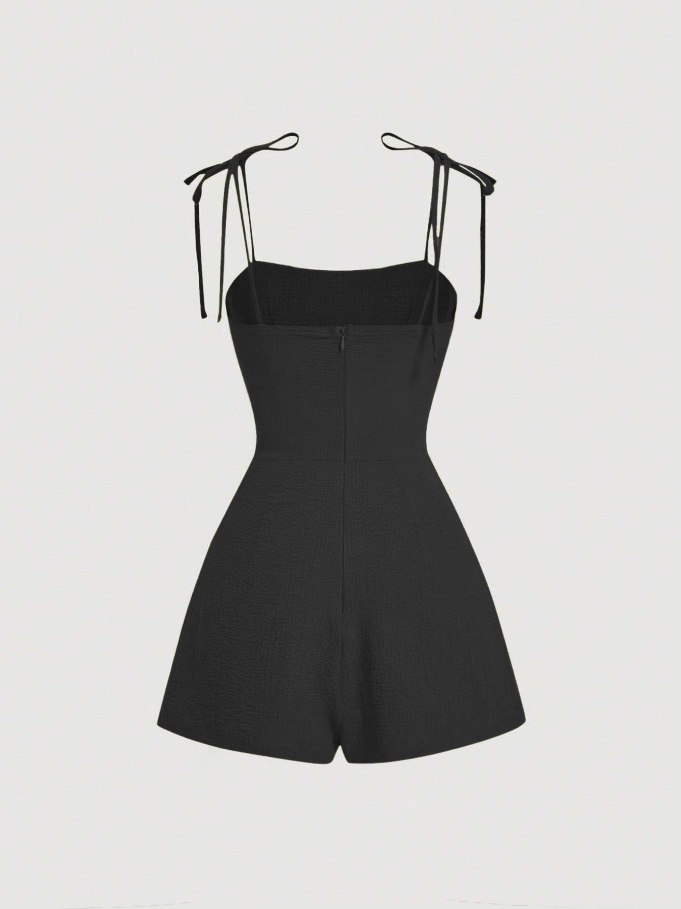 Women's Plain Tie Shoulder Romper, Casual Sleeveless Zipper Romper for Summer, Women's Clothes for Daily Wear