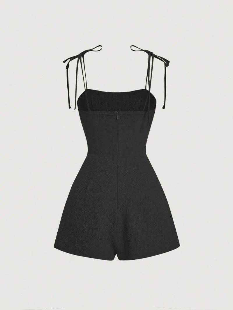 Women's Plain Tie Shoulder Romper, Casual Sleeveless Zipper Romper for Summer, Women's Clothes for Daily Wear