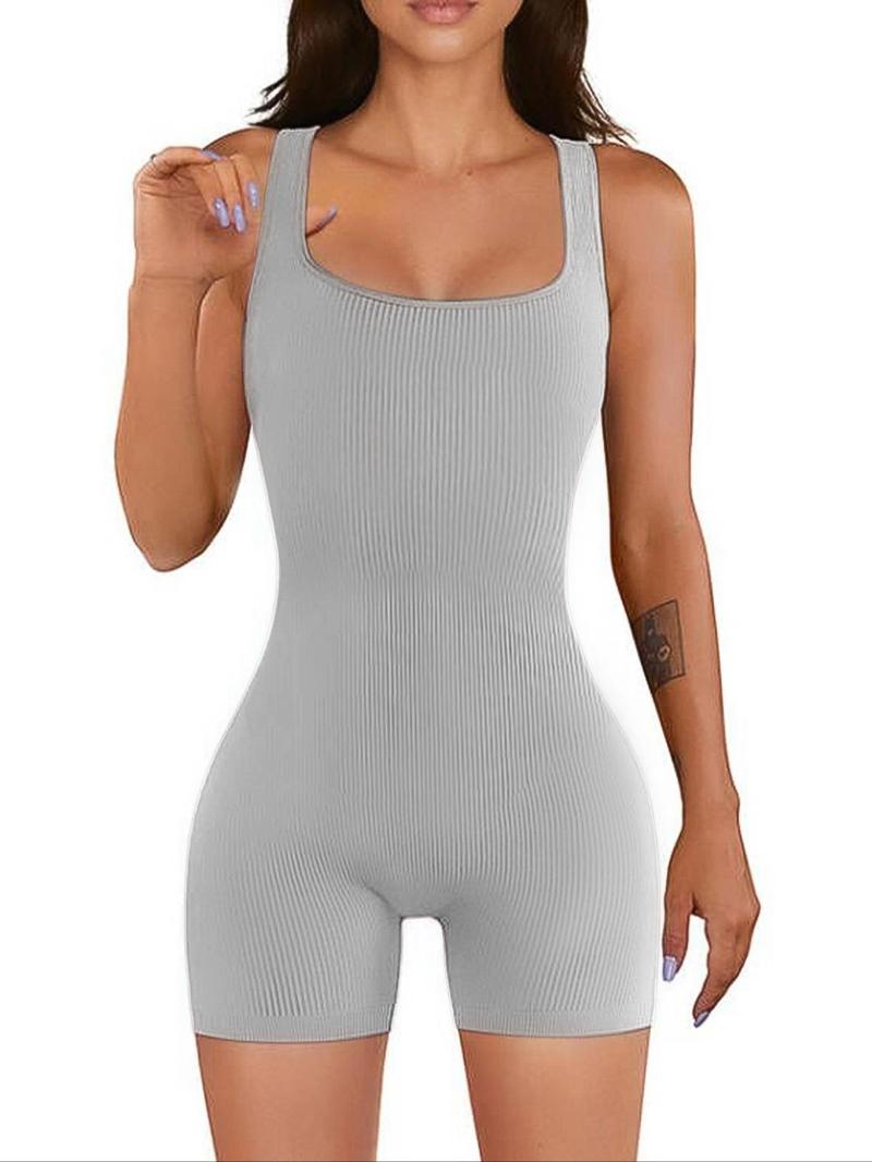 Women's Solid Color Ribbed Square Neck Tank Shapewear Knit Romper, Elegant Casual Comfy Thigh Slimmer Seamless Sleeveless Shaper Bodysuit for Daily Wear, Ladies Shapewear for All Seasons, Womenswear, Tummy Tuck Garment