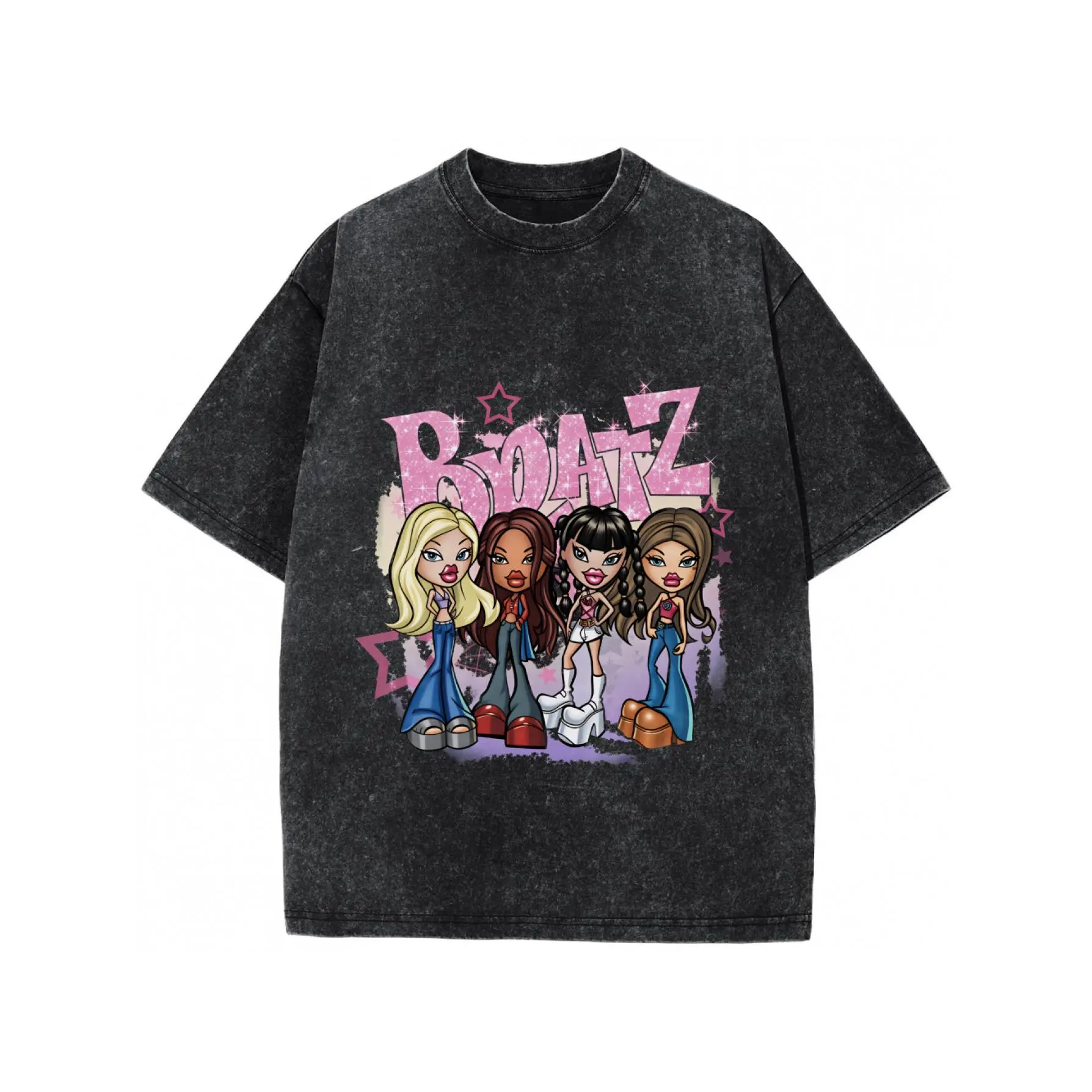 Men's Bratz 4 Dolls Pink Glitter Print Crew Neck Short-Sleeve Tee - Vintage Acid Washed, Regular Cut, Slight Stretch Knit, Pull On, Machine Washable Y2K Fan Oversized Casual Streetwear Top