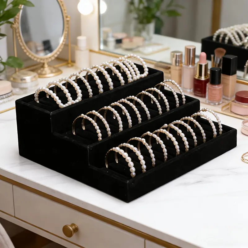 3-tier elegant velvet jewelry display stand, suitable for storing necklaces, bracelets, pendants and watches on the desktop. Perfectly matches dressing tables, bedrooms and dressing rooms - jewelry display and packaging supplies - Valentine's Day gift