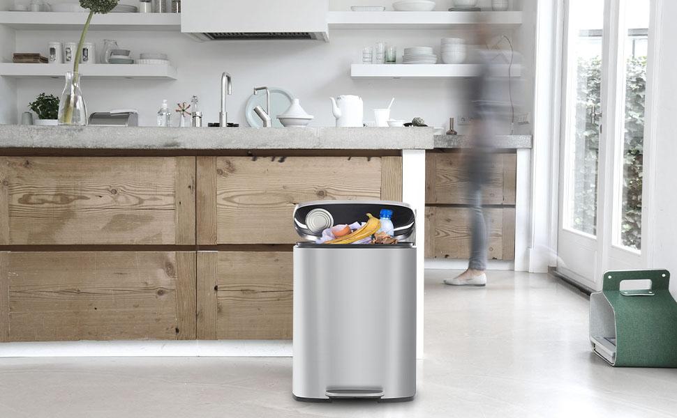 PLL 13 Gallon  in Home Recycling Bin Kitchen Stainless Steel Recycling Bin with Lid Removable Inner Bucket Foot Pedal Soft Close for Office Home Kitchen Garbage Can Trash Bin
