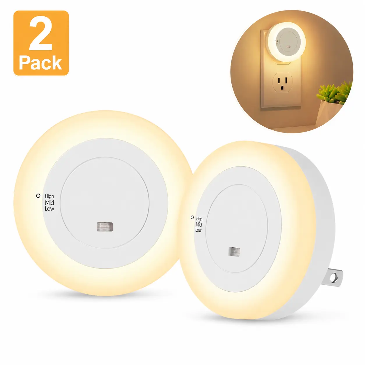 2-Pack Plug-In LED Night Lights with Dusk-to-Dawn Sensor, 3-Level Adjustable Brightness, Soft Warm White Nightlight for Bedroom, Bathroom, Hallway and Stairs