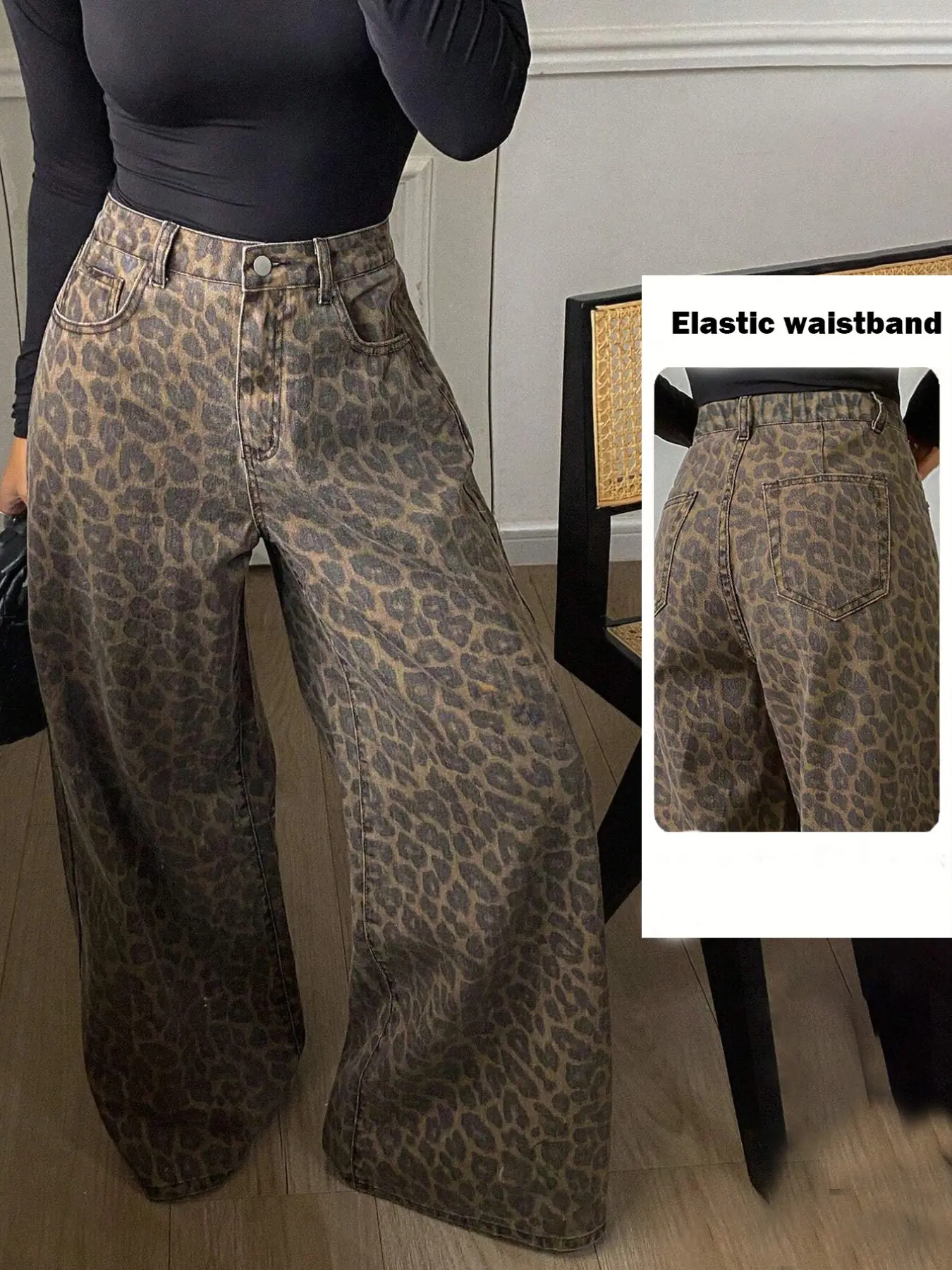 Fashionable Daily Wear Women's Leopard Print Mid-Waist Jeans, Wide Leg Long Pants, Non-Elastic, Stylish and Comfortable