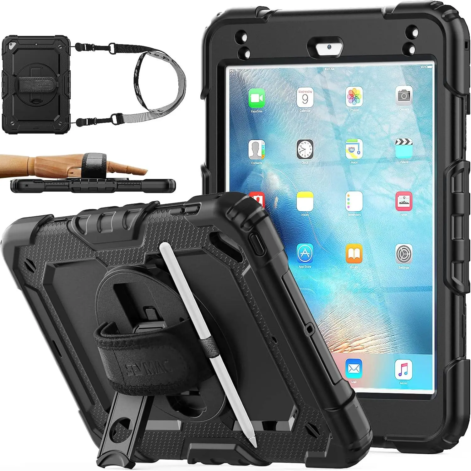 Case for iPad mini 5/4 with Screen Protector Pencil Holder [360 Rotating Hand Strap] & Stand, Drop-Proof Case for iPad mini 5th/4th Generation 7.9 inch (Black)