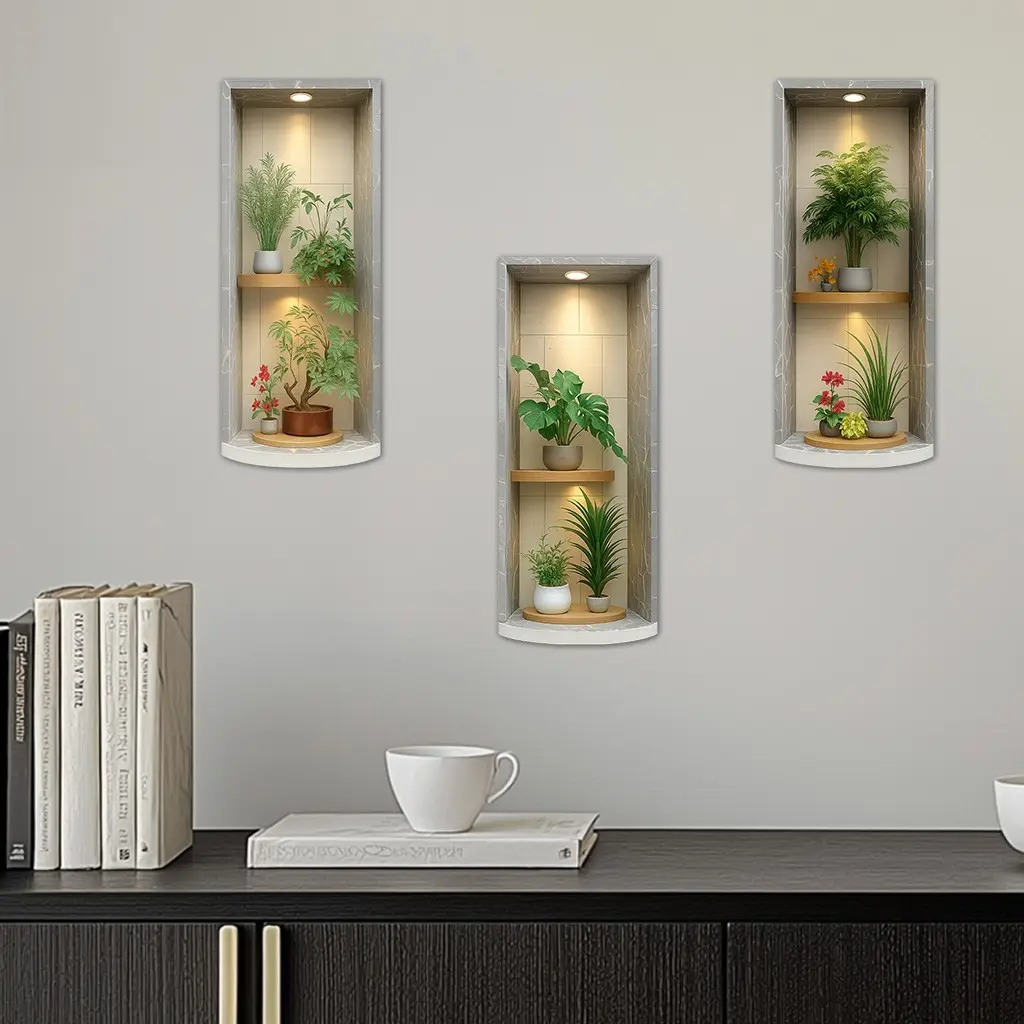 Set of 3 green plant wall decals, Floral wall decals, Wall Art Decals, made of self-adhesive, removable PVC material, ideal for home decor, festive atmosphere, and wall decor