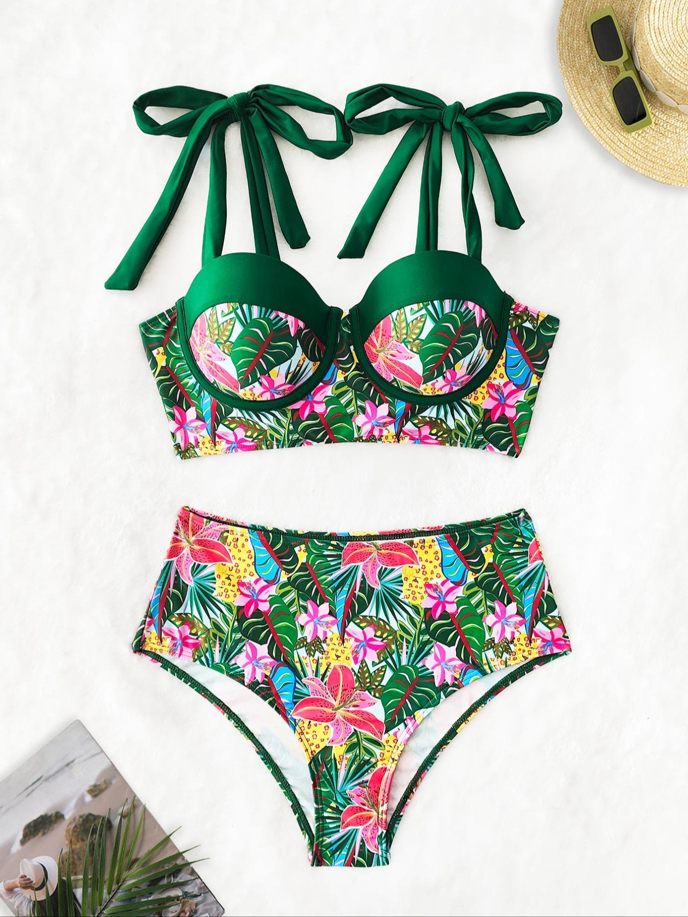 Three-piece Set Women's Plants Print Bikini Set, Boho Fashion Strapless Swim Top & Swim Bottom & Cover Up Skirt Set, Ladies Swimsuit for Beach Holiday Vacation, Floral Swimsuits