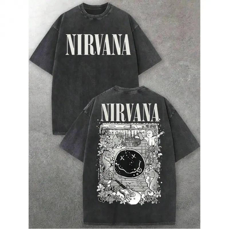 180g[100%cotton]Men's Nirvanas  Face & Decorative Graphic Crew Neck Short Sleeve T-Shirt|   Soft Washed Fabric|   Grunge Rock Casual Outfits|   Mens Graphic Tee Street Fashion