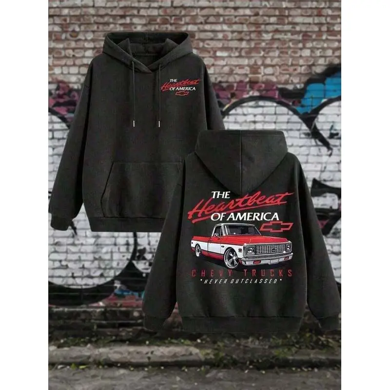 Red Chevy Car Graphic Hoodie Men's Vintage Old School Streetwear Biker Style Retro Automotive Crewneck Sweatshirt