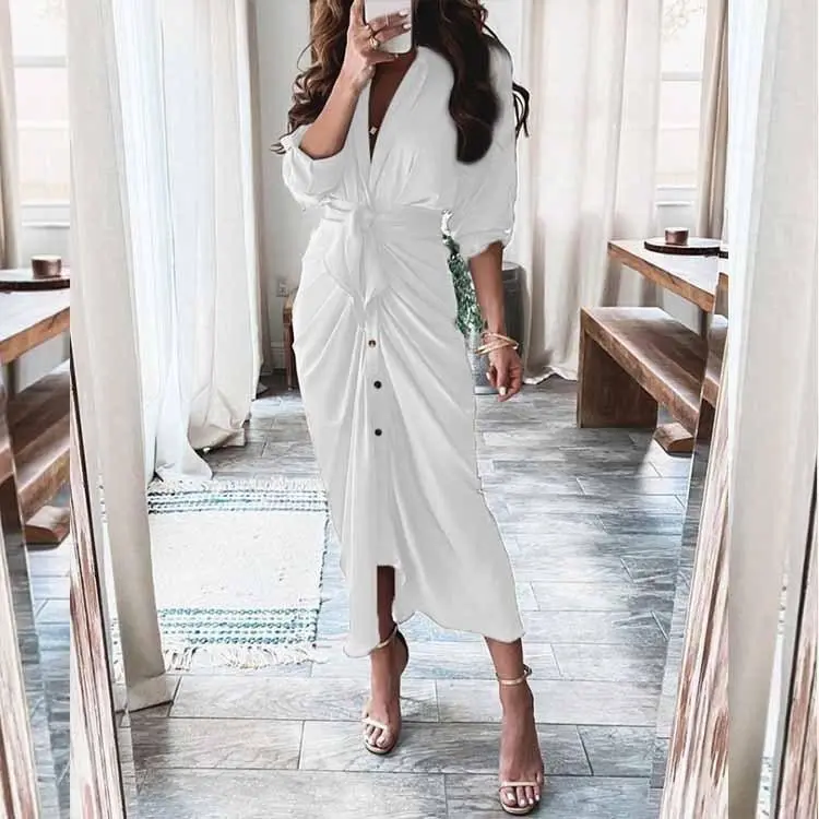 Women's seven-quarter sleeve sexy print pleated V-neck strap winter dress