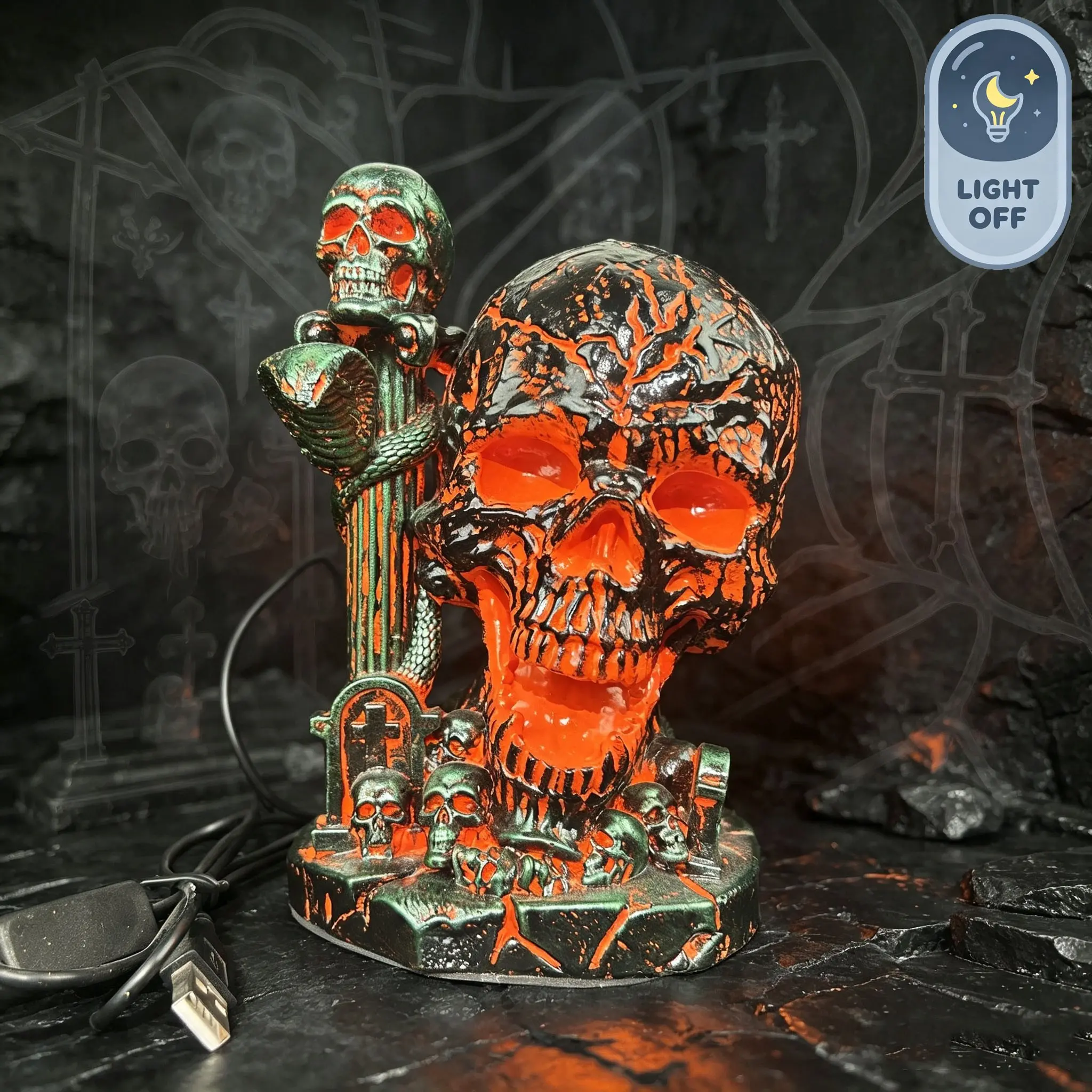 Skull Flame Table Lamp, Molten Rock Skull Light, Horror LED Desk Lamp, Halloween Gothic Decor, Unique Room Accent, Mystical Atmosphere