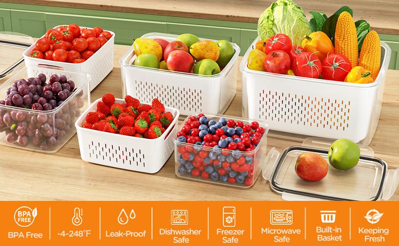 5 Pack Fridge Organizers and Storage - Stackable Fruit Storage Containers for Fridge with Removable Colander, BPA-Free Food Storage Container for Salad Berry Lettuce Vegetables Meat Keeper Fresh 5 Pack Fridge Organizers and Storage - Stackable Fruit Storage Containers for Fridge with Removable Colander, BPA-Free Food Storage Container for Salad Berry Lettuce Vegetables Meat Keeper Fresh