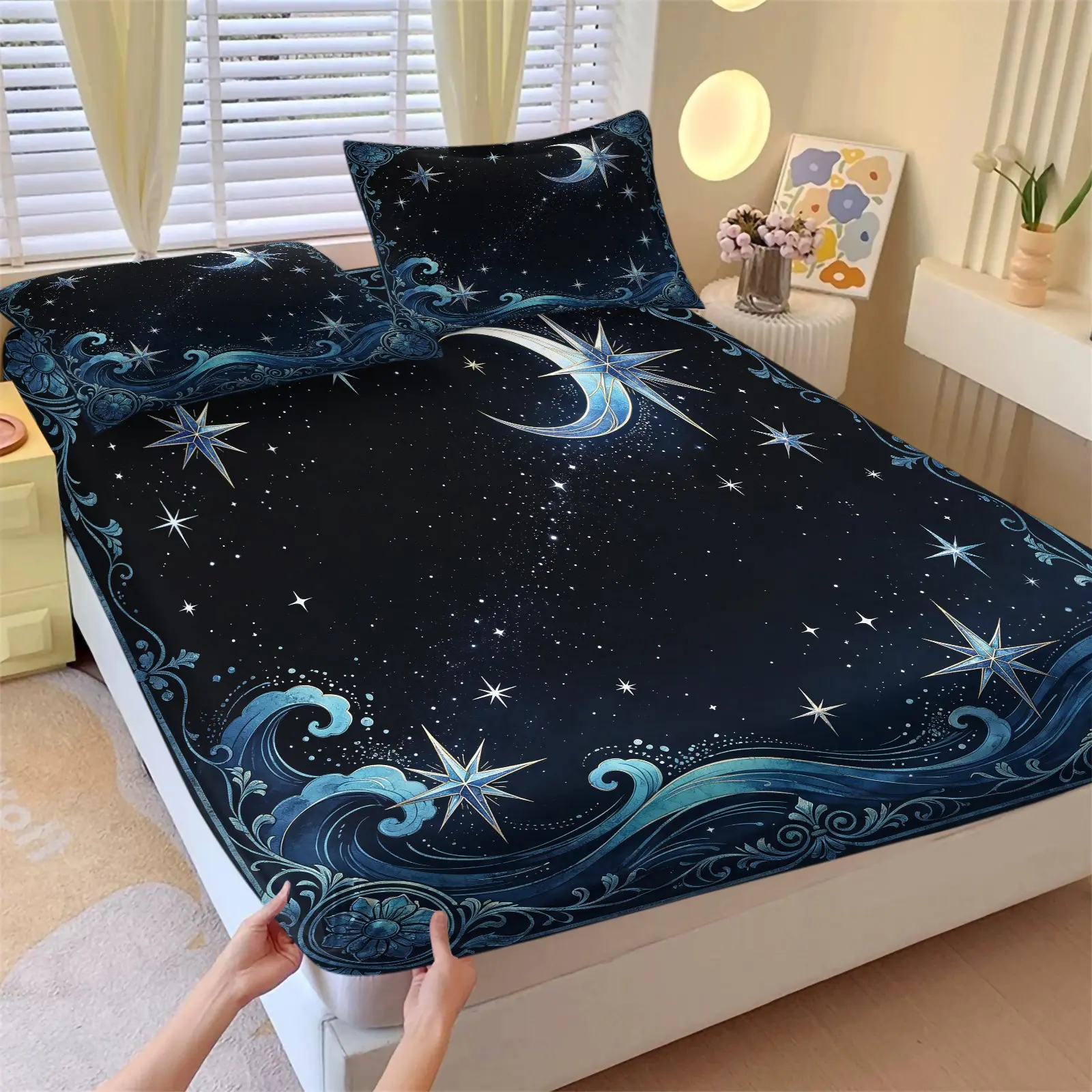 Mystical Blue Moon & Star Fitted Sheet Set, Bed Sheet Sets, Soft Breathable Gothic Night Sky Bedding, 1 Fitted Sheet + 2 Pillowcases, Dark Celestial Fantasy Bedroom Decoration, Gift for Mystic Galaxy Decor Fans, Decorative Bedsheet Sets