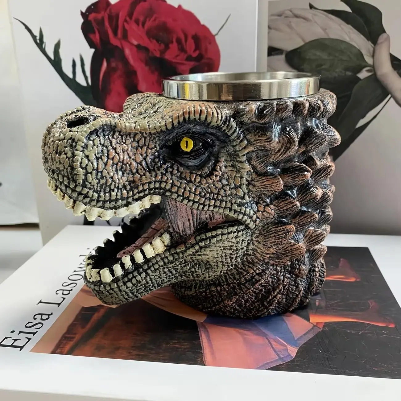Resin and Stainless Steel Vintage Dinosaur Head Mug, Gothic Reusable Coffee Cup, Fantasy Enthusiast Exclusive Drink Container
