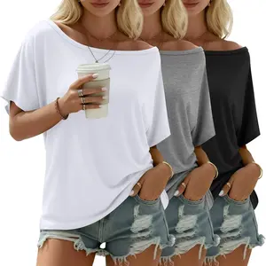 3 Pack Women's off The Shoulder Shirts Loose Fit Flowy Tops Short Sleeve Casual Summer oversized Tshirt Workout Tunic(Gift)