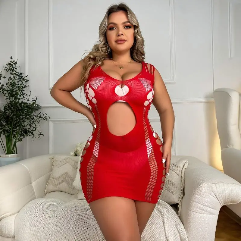 Women's Plus-Size Hollow Open-Crotch Easy-Wear Mini Dress, Sexy Lingerie, Women's Clothes, Funky, Party, Lingerie Set, Peppy