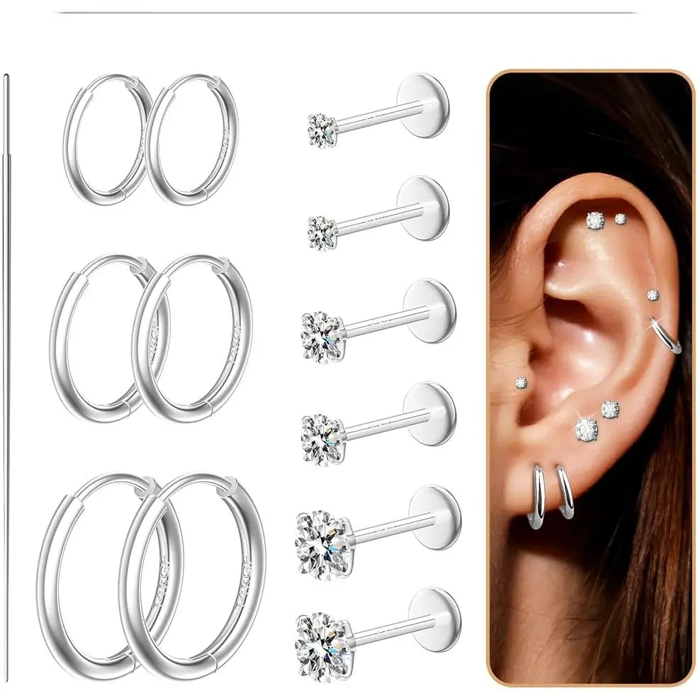 6 pair 14K  Filled Earrings Set for Women, Huggie Hoop Earrings Stacks Dainty Threadless Flat  Stud Earrings for Multiple ,Cartilage Trendy Earrings  Gifts CZ 2-4mm