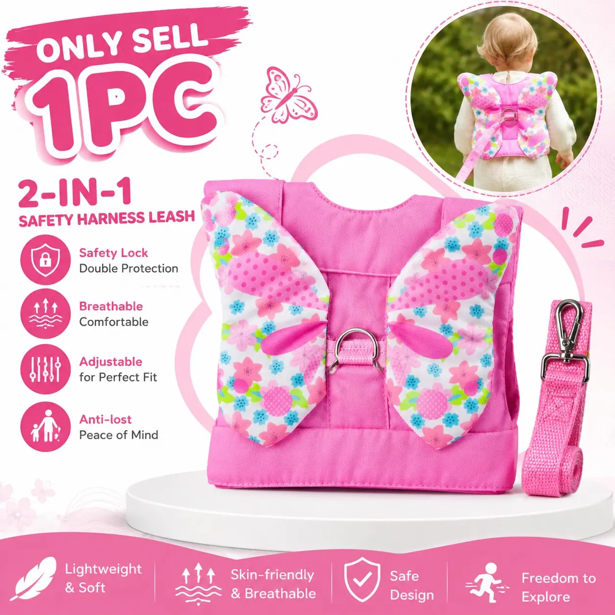 Suspender leash 2-in-1 training safety harness, anti-lost strap, safety belt lock design, safe and breathable, Cute Infant butterfly walking harness, Travel