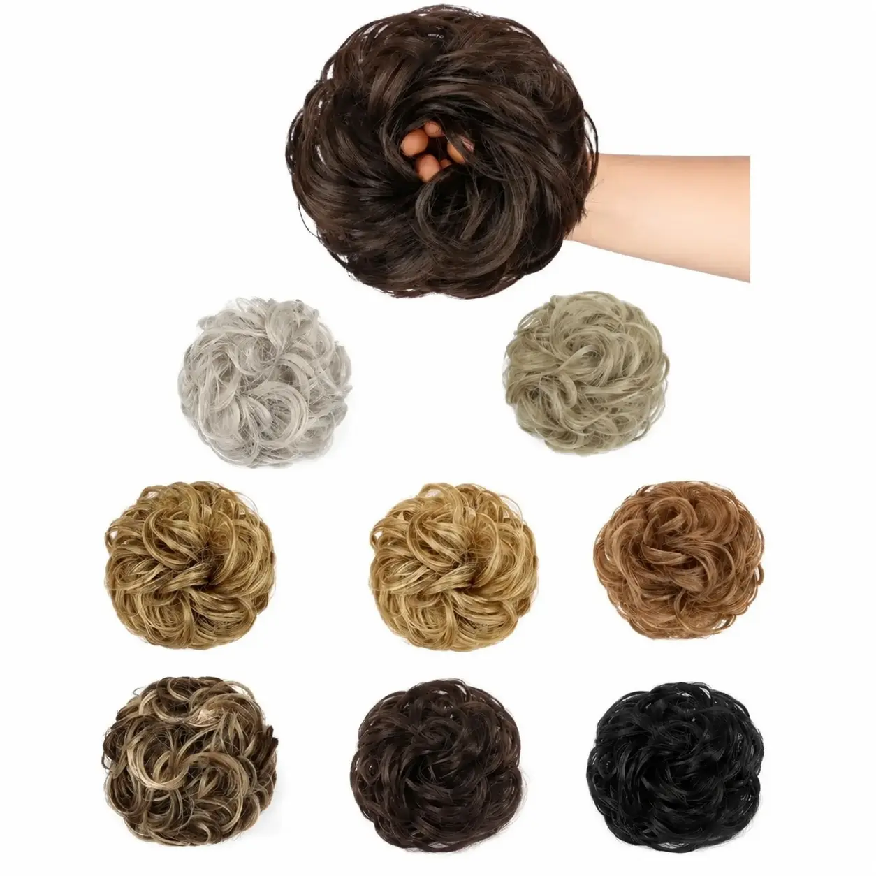 Stretchy Iridescent Wavy Synthetic Bun Hair Piece for Women – Tousled Curly Chignon with Elastic Band, Ideal for Ponytail Updos, Messy Buns, and Effortless Everyday Styling