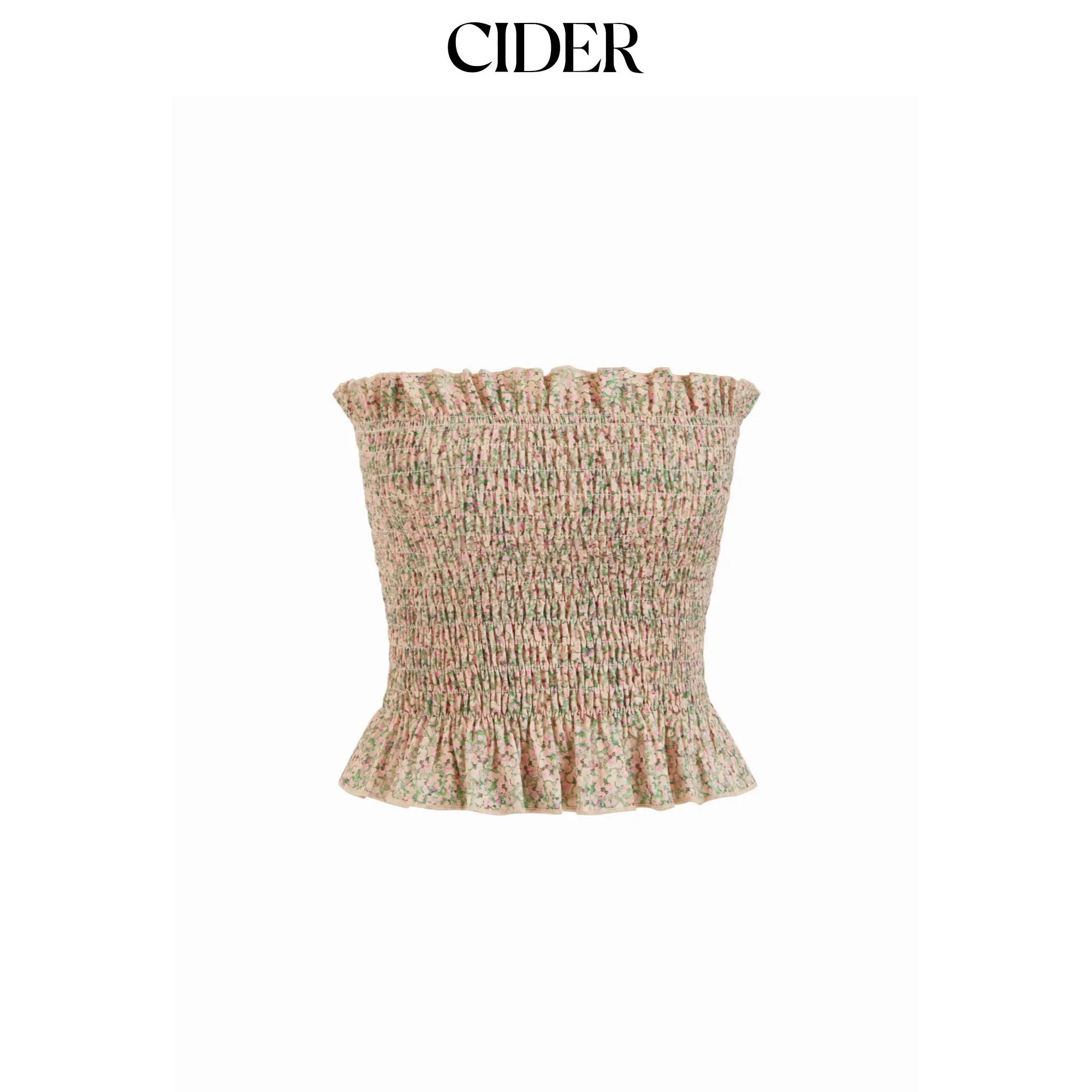 Cider Floral Strapless Shirred Ruffle Hem Crop Bandeau Top