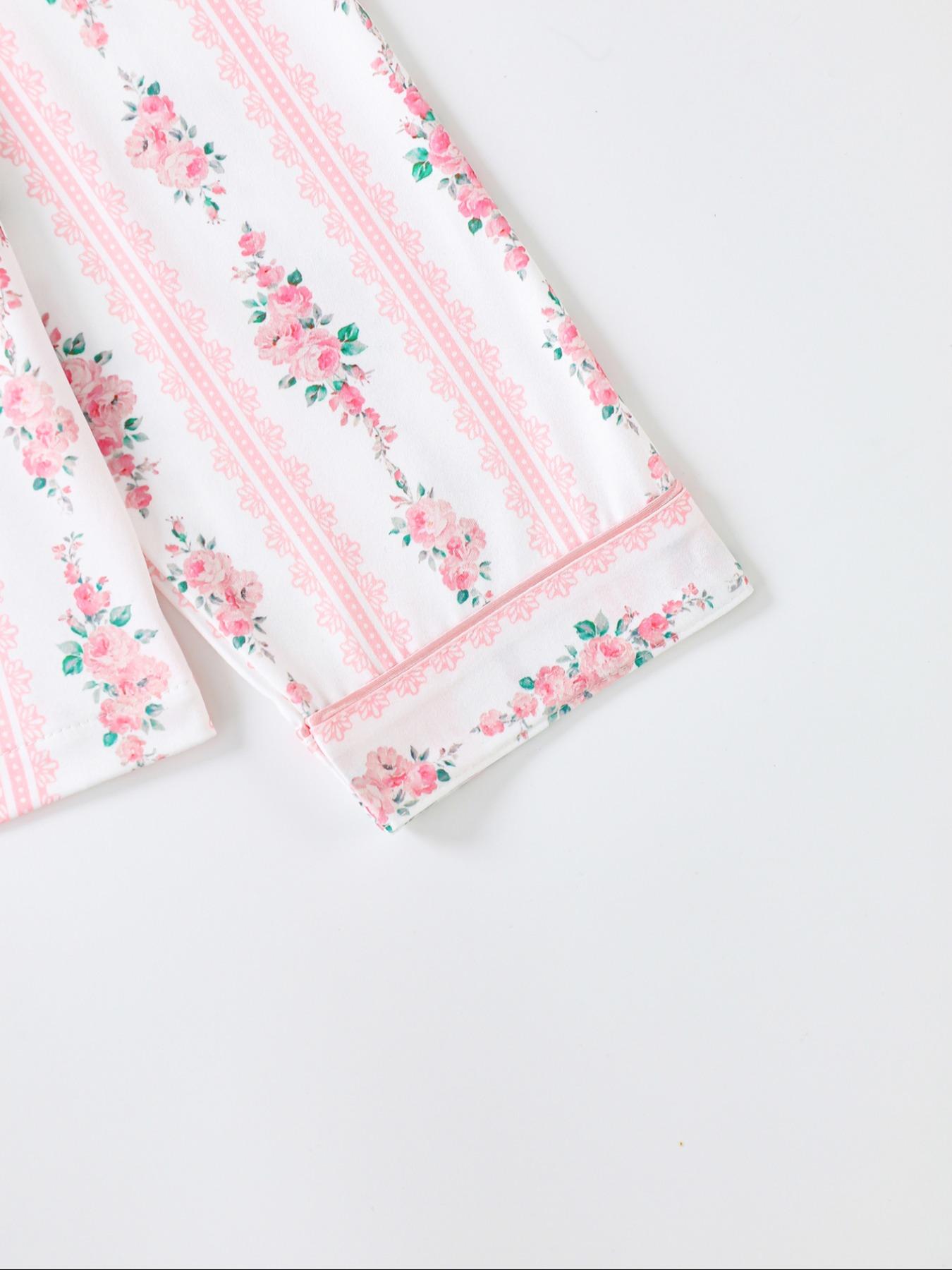 Elegant Floral Pattern Long Sleeve Pajamas Set, Light Button-Up Top and Pants, Casual Fitted Sleepwear, Matching Pyjamas for Spring & Fall