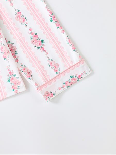 Elegant Floral Pattern Long Sleeve Pajamas Set, Light Button-Up Top and Pants, Casual Fitted Sleepwear, Matching Pyjamas for Spring & Fall