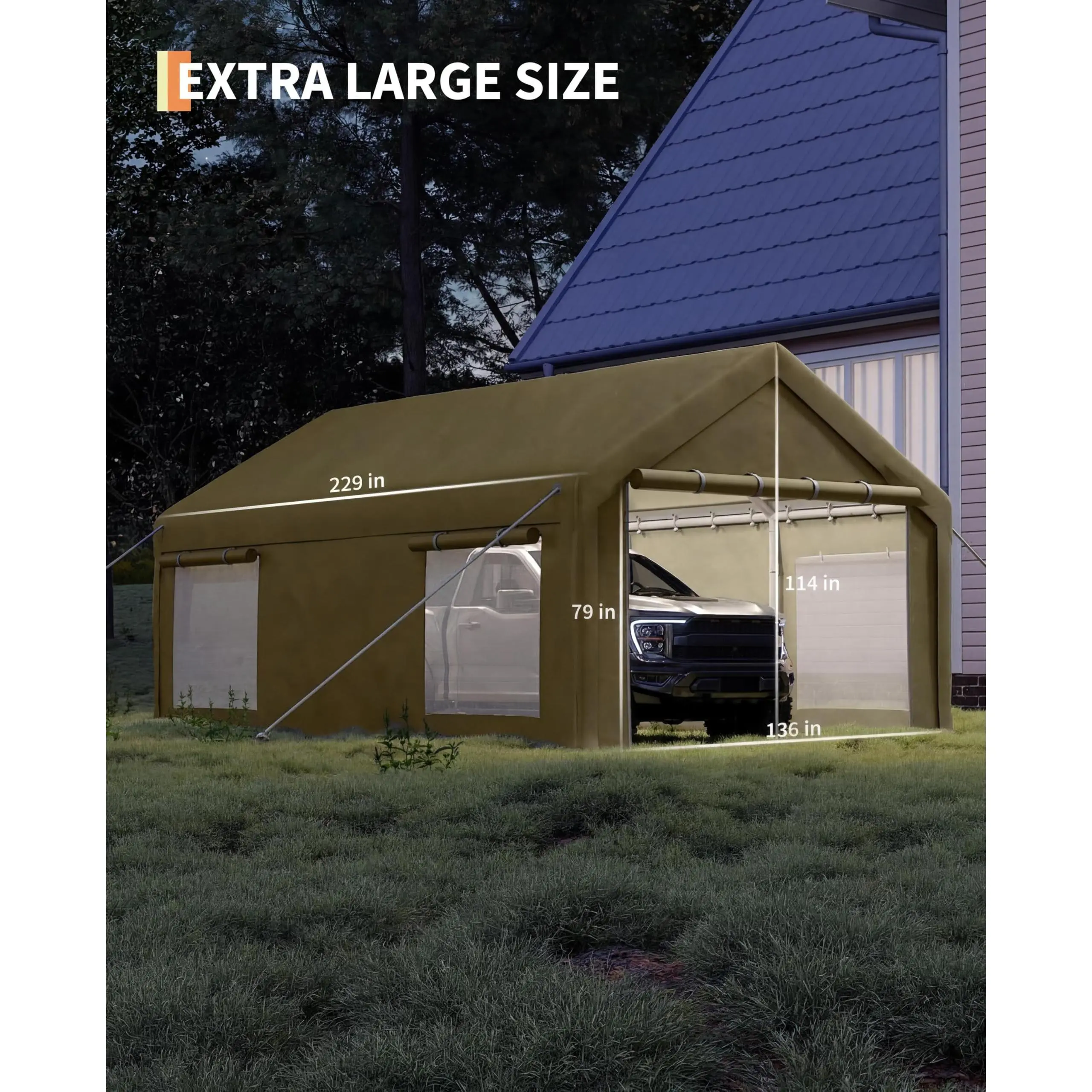 Garvee Heavy-Duty 12x20 ft Portable Garage Carport Canopy - 200g PE Waterproof Tarp, Galvanized Steel Frame, Sidewalls w/ 2 Roll-Up Doors & 4 Windows