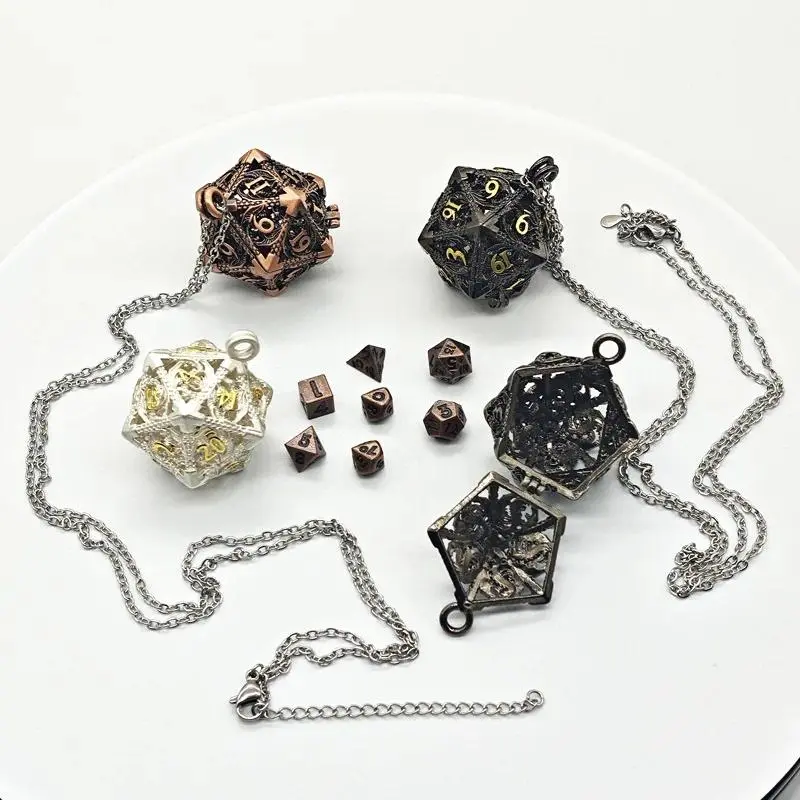 Mini 6MM Metal Flying Dragon Skeleton Dice Necklace D20 Metal Hollow Box+7pcs Metal Dice Pendant Set Portable Board Game Dice