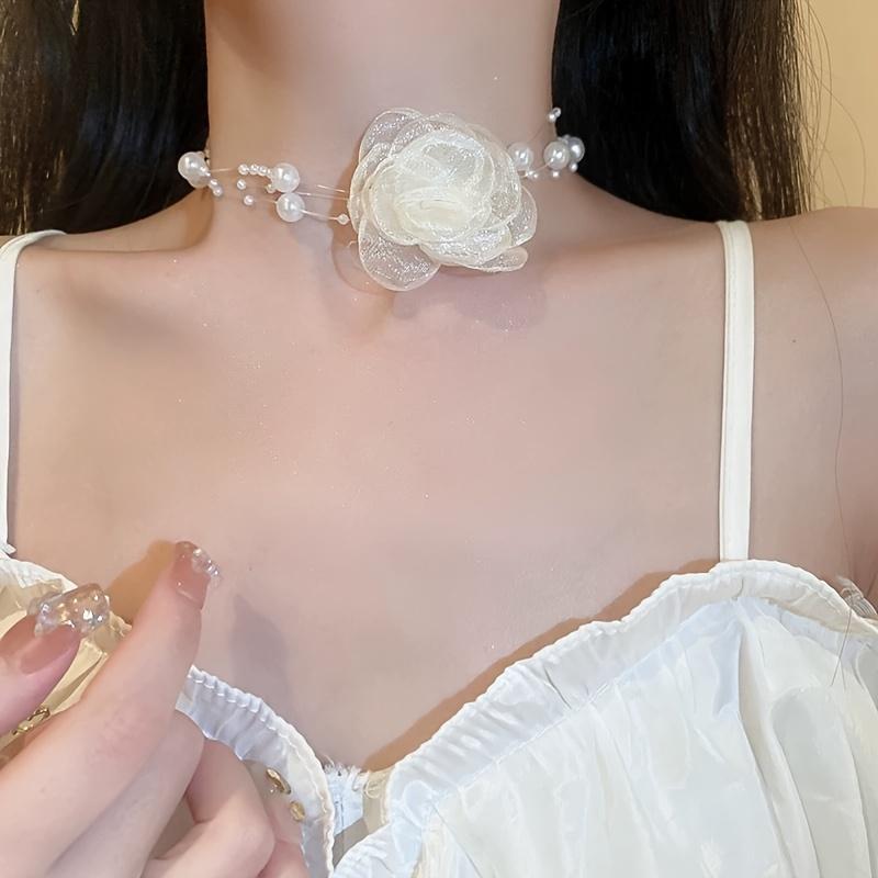 French-style romantic multi-layer faux pearl flower necklace trendy fashion accessory