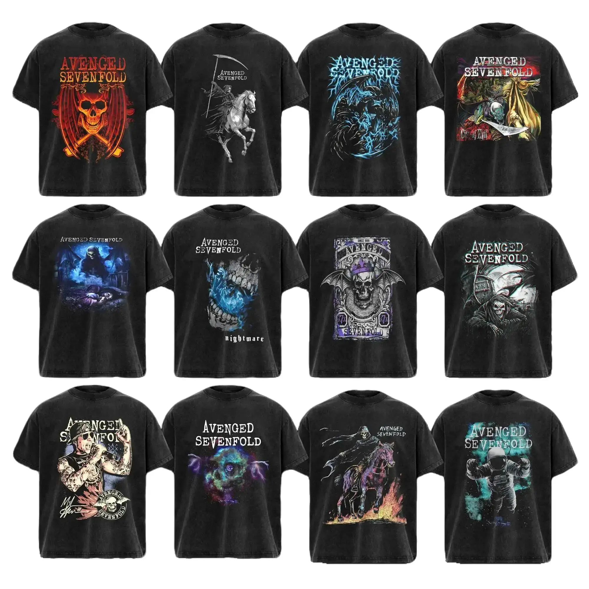 Vintage Streetwear Unisex Short Sleeve T‑Shirt, Bold Grim Reaper Horse Rock Print Wash Crew Neck Tee, Comfort Oversized Top for Hanging Out, Travel, Night Event, Match with Metal Chain & Baseball Hat
