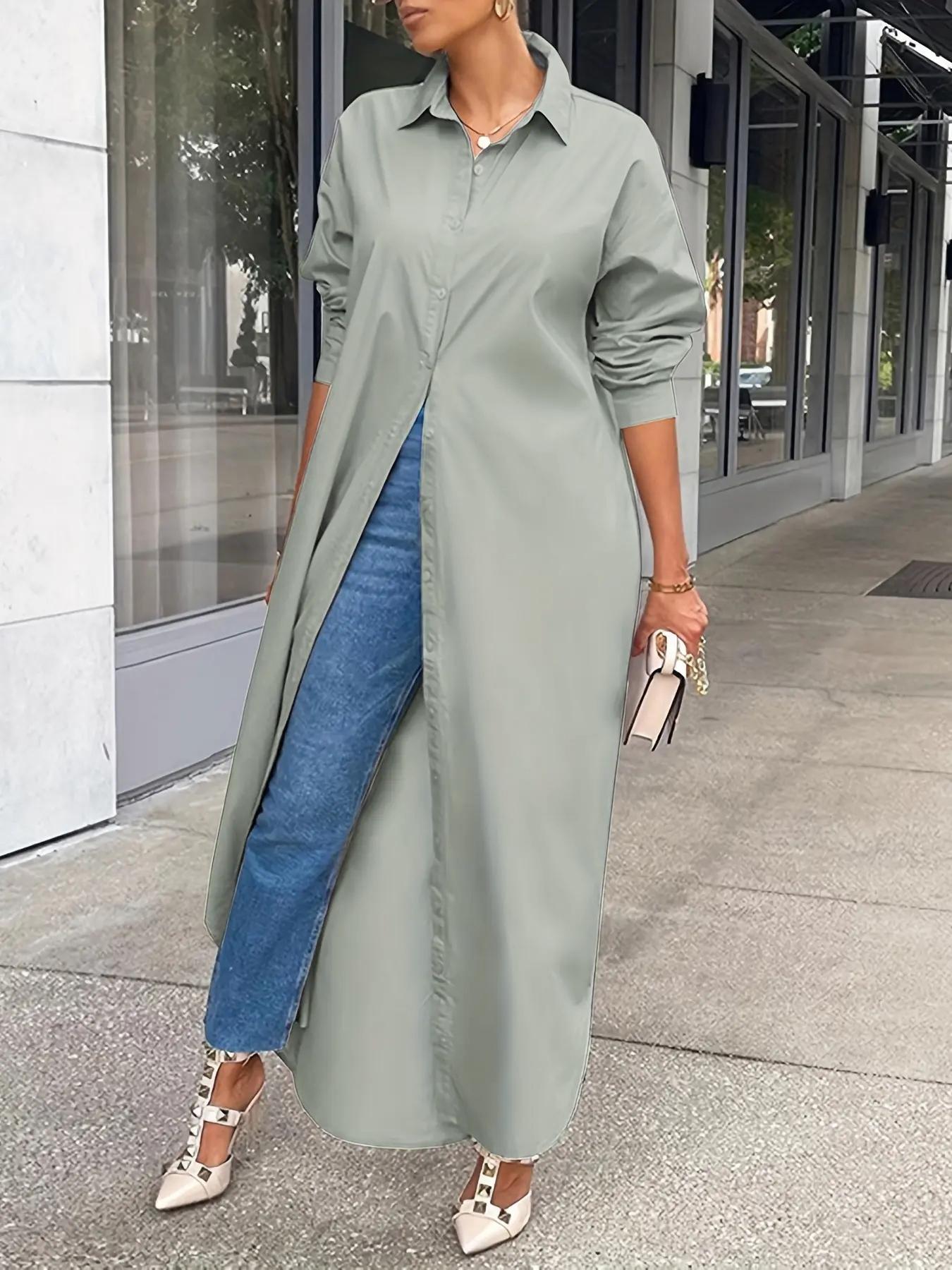 Women's Solid Collared Button Front Long Blouse, Casual Long Sleeve Button Up Shirt, Fashion Women's Spring & Fall Top For Daily Wear