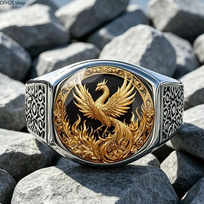 Vintage Phoenix Statement Ring for Men and Women, Gold Tone Flame Bird Design with Ornate Details, Bold Retro Jewelry for Daily Wear and Parties