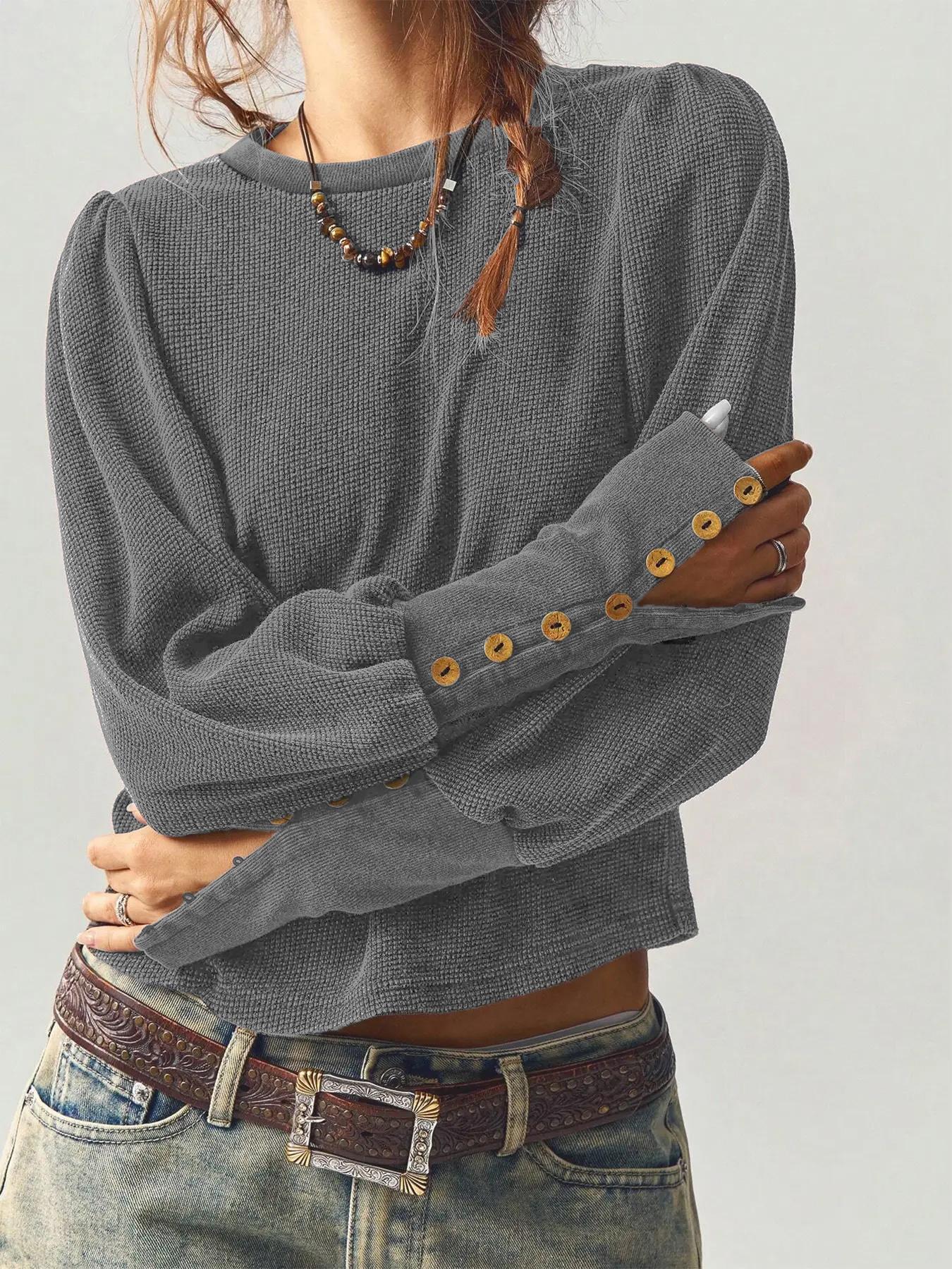 Women's Solid Color Button Decor Basic Tee, Casual Long Sleeve Round Neck Jumper T-shirt for Spring & Fall, Fashion Women's Clothes for Daily Wear, Tops