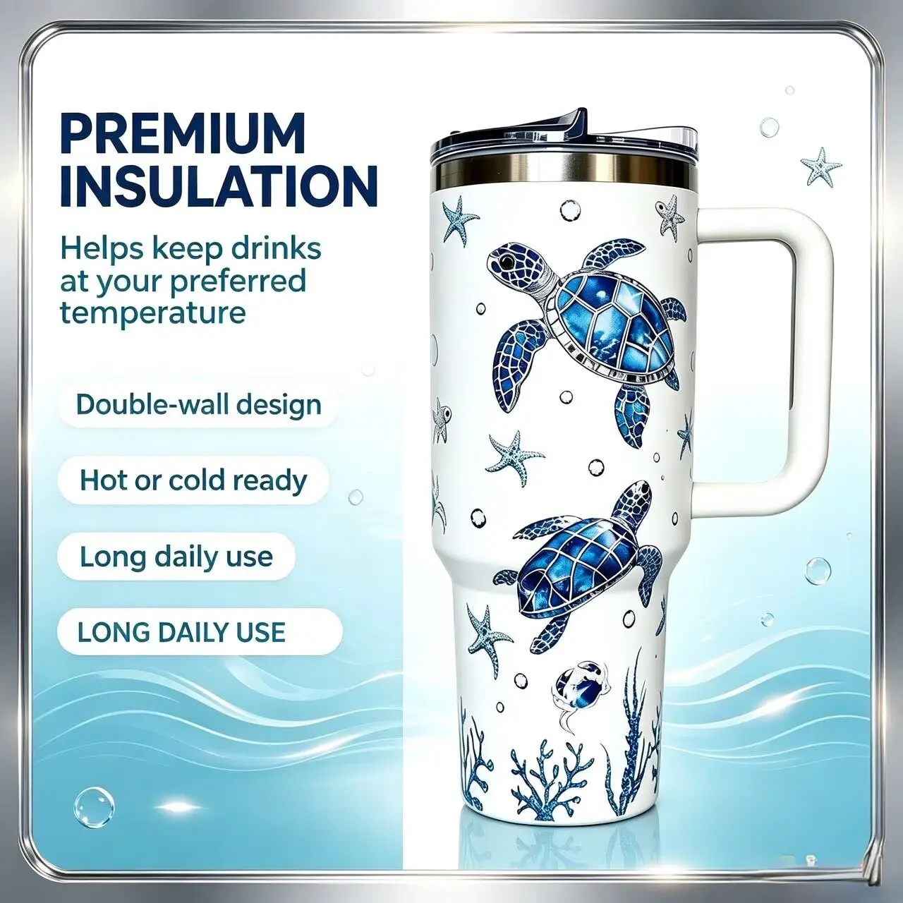 40oz Large Tumbler with Handle, Ocean Side Stylish Travel Mug, Insulated Stainless Steel Cup, Daily Hydration, Trendy Gift for Her