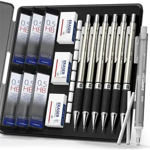 0.5mm Mechanical Pencil Set in Storage Case, 6 count Metal Drafting Pencils with 360 HB Lead Refills, 1 Eraser Pen, 3 count 4B Erasers, 12 Eraser Refills for Student Artist Writing, Drawing, Sketching