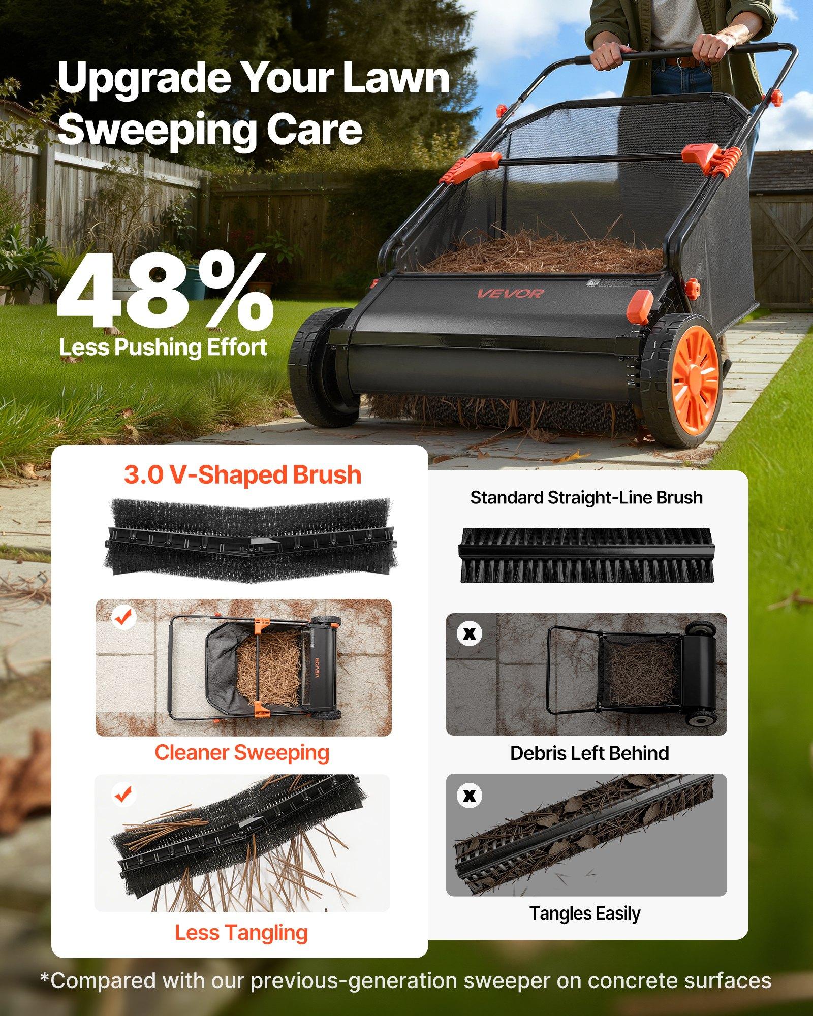 VEVOR Push Lawn Sweeper, 30 in Leaf & Grass Collector with 12 cu. ft. Hopper Bag, Adjustable Brush Height & Spinning Brushes, Heavy Duty Yard Sweeper with Rubber Wheels for Leaves Grass Cleanup VEVOR Push Lawn Sweeper, 30 in Leaf & Grass Collector with 12 cu. ft. Hopper Bag, Adjustable Brush Height & Spinning Brushes, Heavy Duty Yard Sweeper with Rubber Wheels for Leaves Grass Cleanup