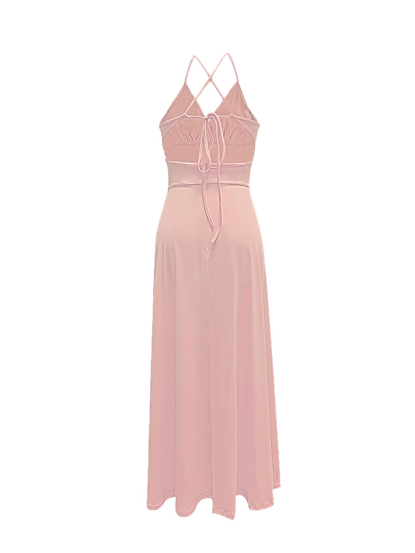 Women's Plain Fitted Criss Cross Backless Split Thigh Spaghetti Strap Cami Dress, Elegant Style Tie Back Ruched Sleeveless Long Dress for Party Holiday Wedding Guest, Ladies Summer Clothes Womenswear Women's Plain Fitted Criss Cross Backless Split Thigh Spaghetti Strap Cami Dress, Elegant Style Tie Back Ruched Sleeveless Long Dress for Party Holiday Wedding Guest, Ladies Summer Clothes Womenswear