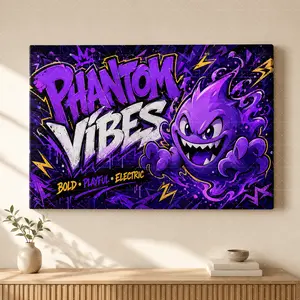 "Phantom Vibes" Graffiti Style Canvas Art| Bold Purple Pokemon Print, Aesthetic Teen/Gaming Room Decor, Playful Modern Statement Poster Gift,wall decor,poster.