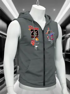 Trendy men's summer top zip-up hooded vest casual sports tank top chicago new york double city print number 23 vintage badge design