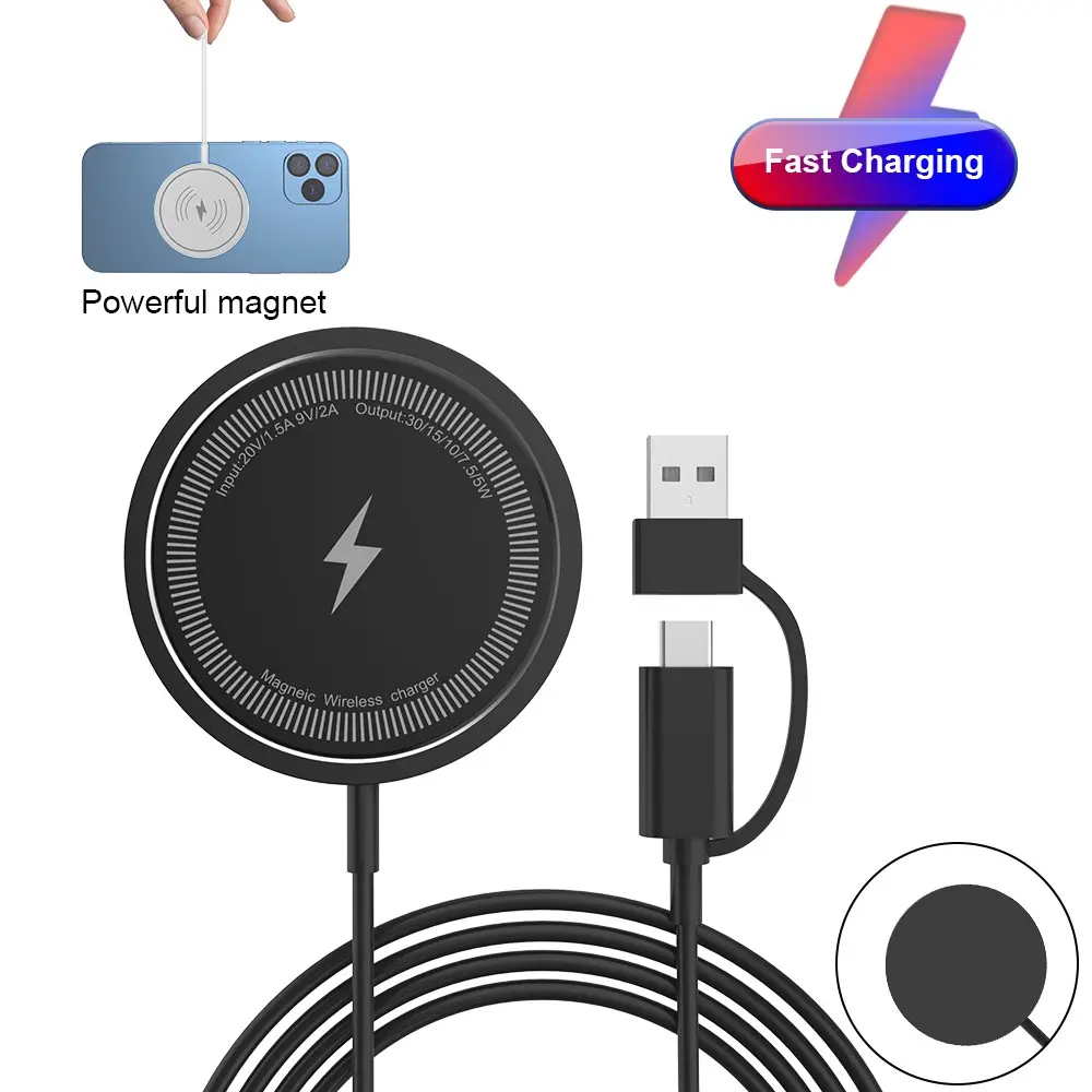 15W MagSafe Magnetic Wireless Charger Dual USB-A & Type-C Fast Charging Cable Compatible with iPhone 17/16/15/14/13/12 Series