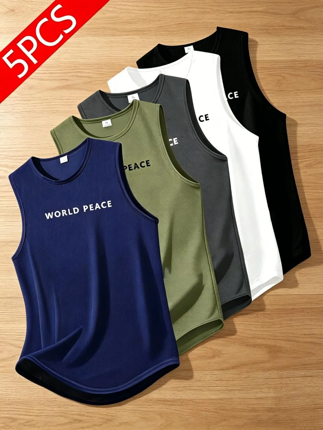 5-Pack Men's Quick-Dry Sports Tank Tops, Breathable Moisture-Wicking Sleeveless Gym Wear, Sleeveless Workout Vest, Peace Print, Ideal for Fitness, Night Runs, Cycling, Sleeveless Sports Vests