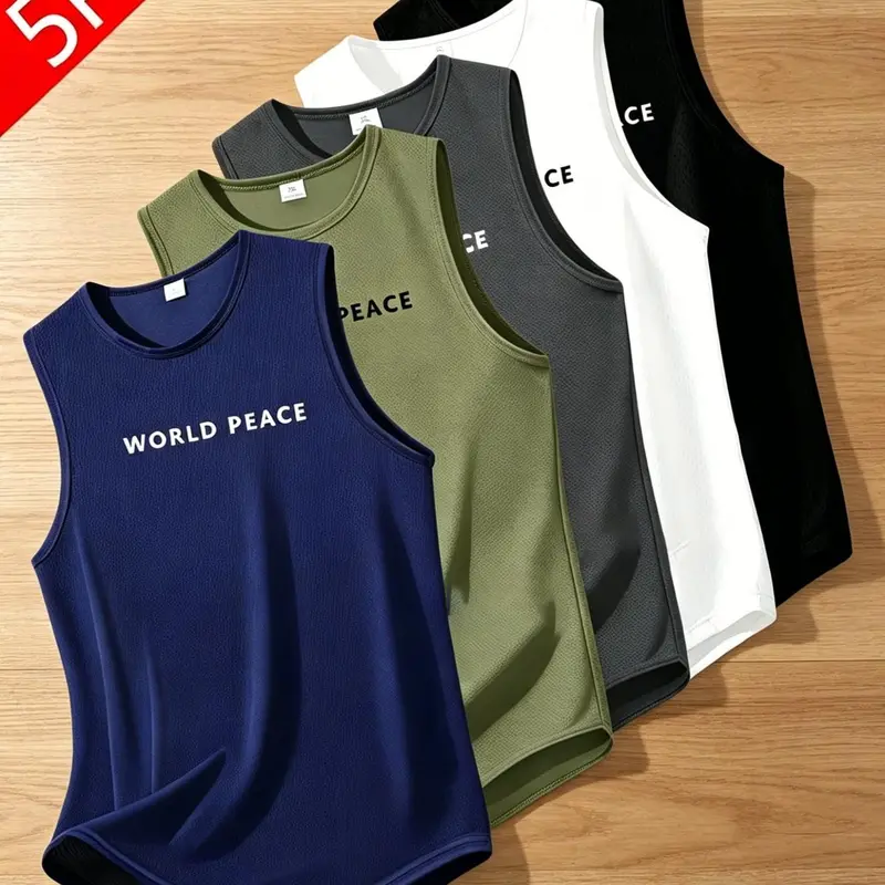 5-Pack Men's Quick-Dry Sports Tank Tops, Breathable Moisture-Wicking Sleeveless Peace Print Workout Vests, Ideal for Fitness, Night Runs and Cycling