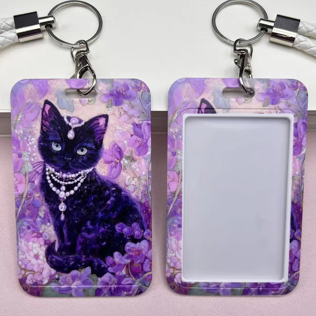 Casual Cat Print Plastic Card Holder, Slide-Open Badge Holder for Daily Commute, Work, and School IDs
