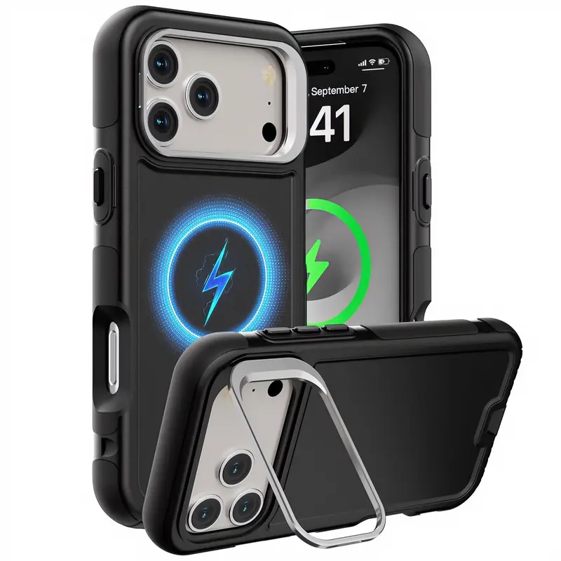 TPU Cellphone Casing Cover for iPhone 17/16/15/14 ProMax - Integrated Invisible Folding Stand, 3-Proof (Dust, Drop, Splash) Design, Shockproof Anti-Collision, Elevated Lens Protector, Large Window Lens Bezel, Ideal for Outdoor Construction & Commuting