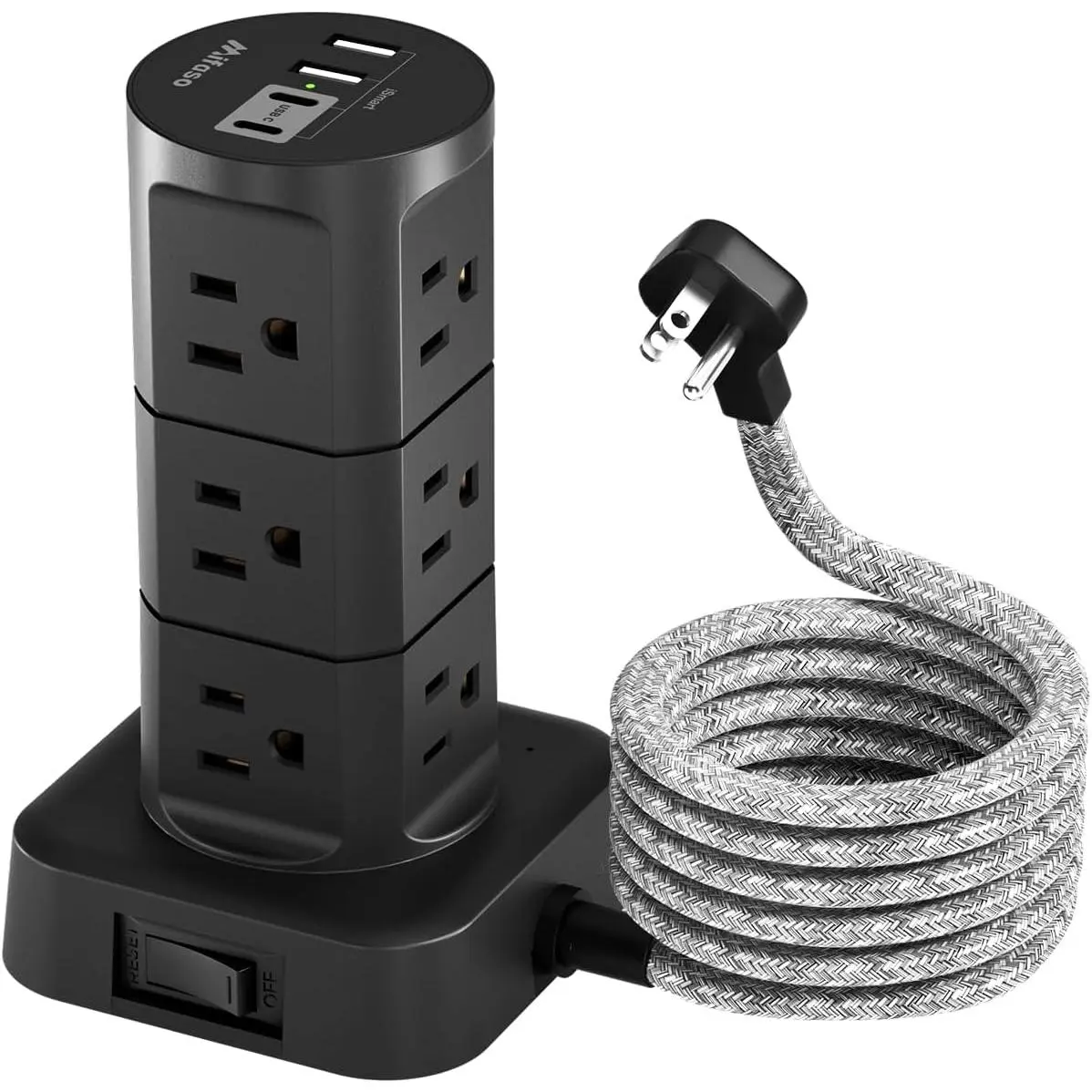 Surge Safe Power Strip Tower, 12 Outlets & 4 USB Ports, 6Ft Flat Plug Fabric Extension Cable, 1875W Load/15A 1080J, AC+USB Surge Protection Station for Office Users, Black Audio & Video Accessories