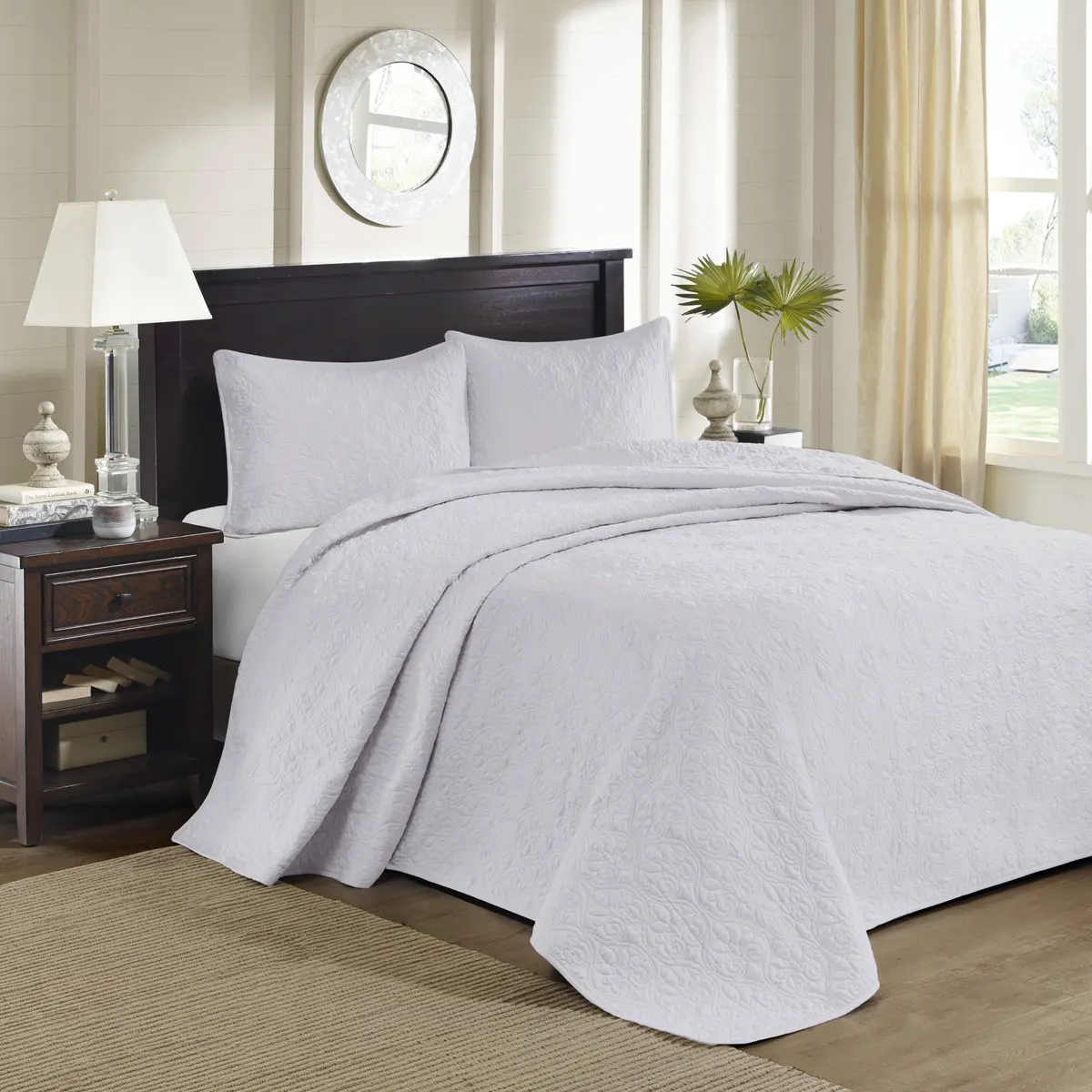 Nokaa Reversible Bedspread Set Twin White 2-Piece Cotton Coverlet with Pillow Sham, Oversized Lightweight Quilted Bedding for All-Season Use, Easy Care Machine Washable